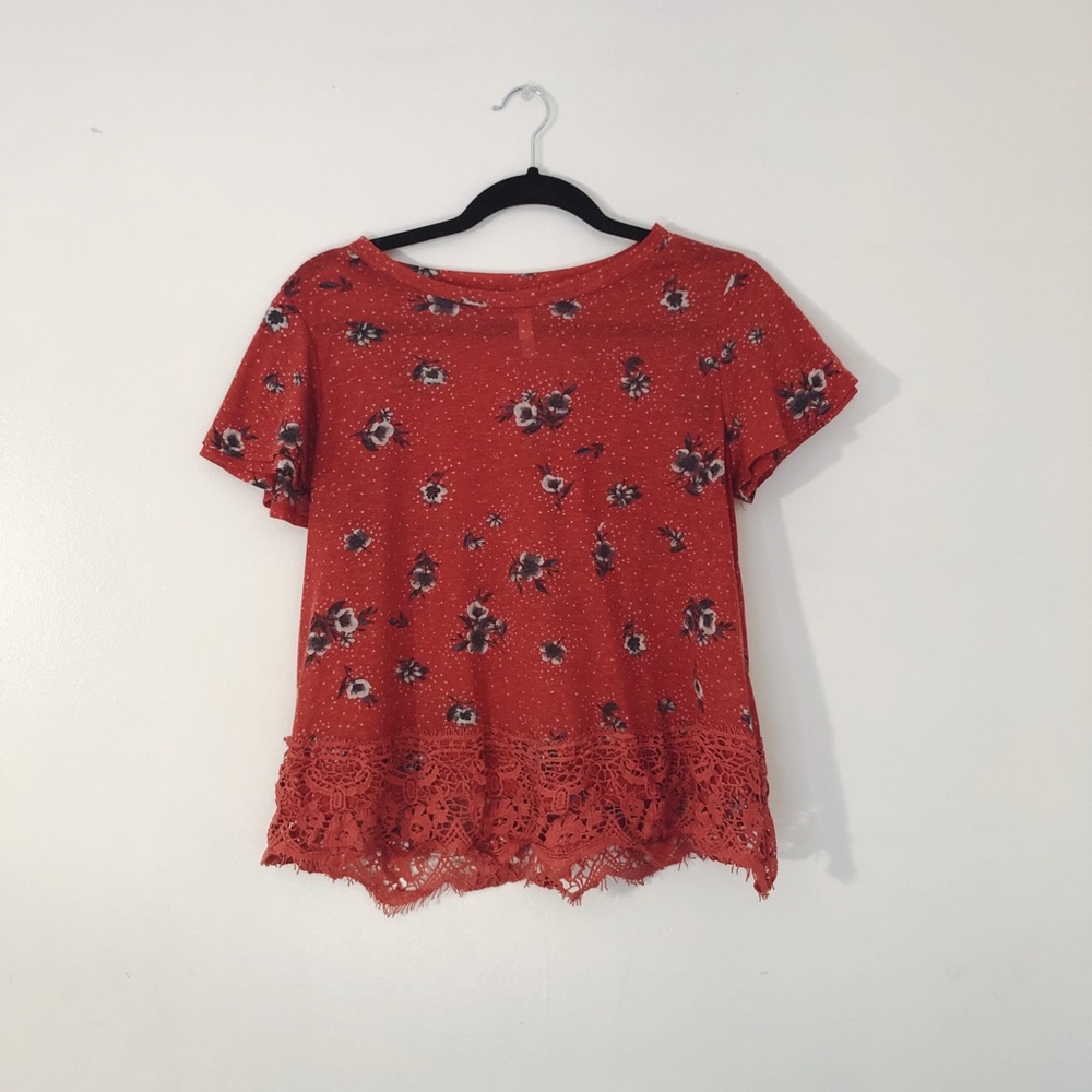 Red floral shirt with lace bottom